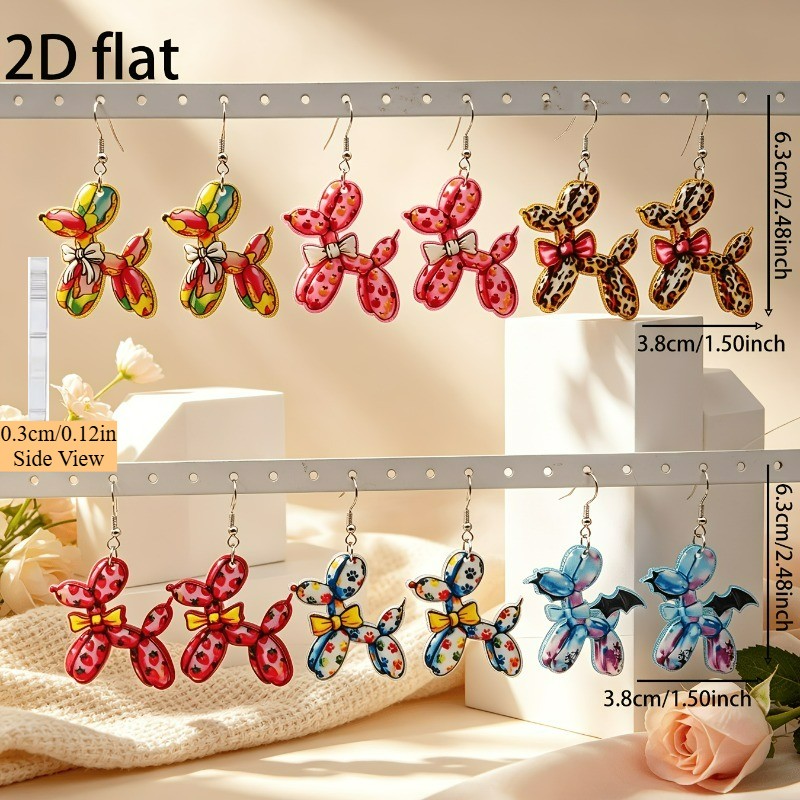 6 Pairs of Acrylic Colorful Printed Balloon Dog-shaped Bow Pendant Earrings