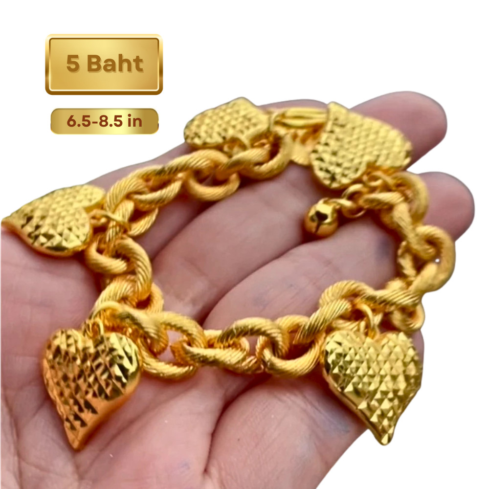 Bracelet Rope Chain 24K Gold Plated Heart Charm 5 Baht 6.5-8.5 in Jewelry Women