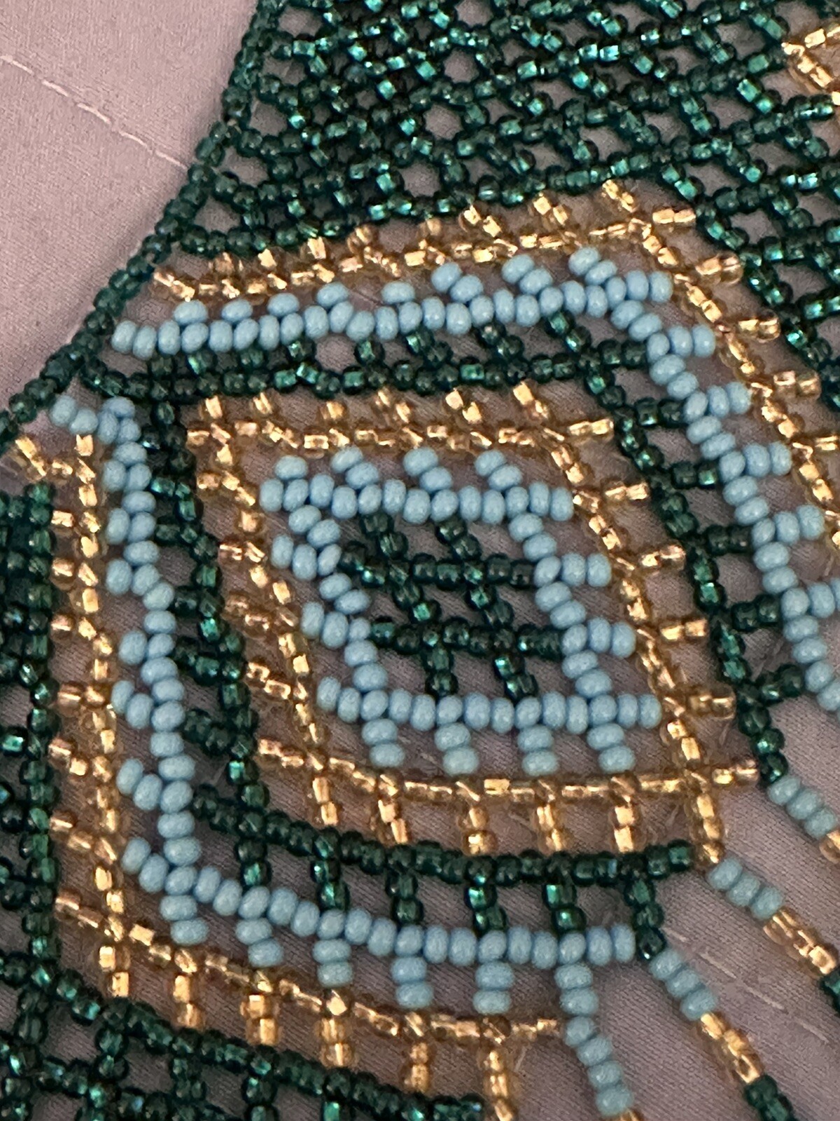 Vintage Bib Blue Green Gold Seed Bead Huichol Fringe Necklace See Desc