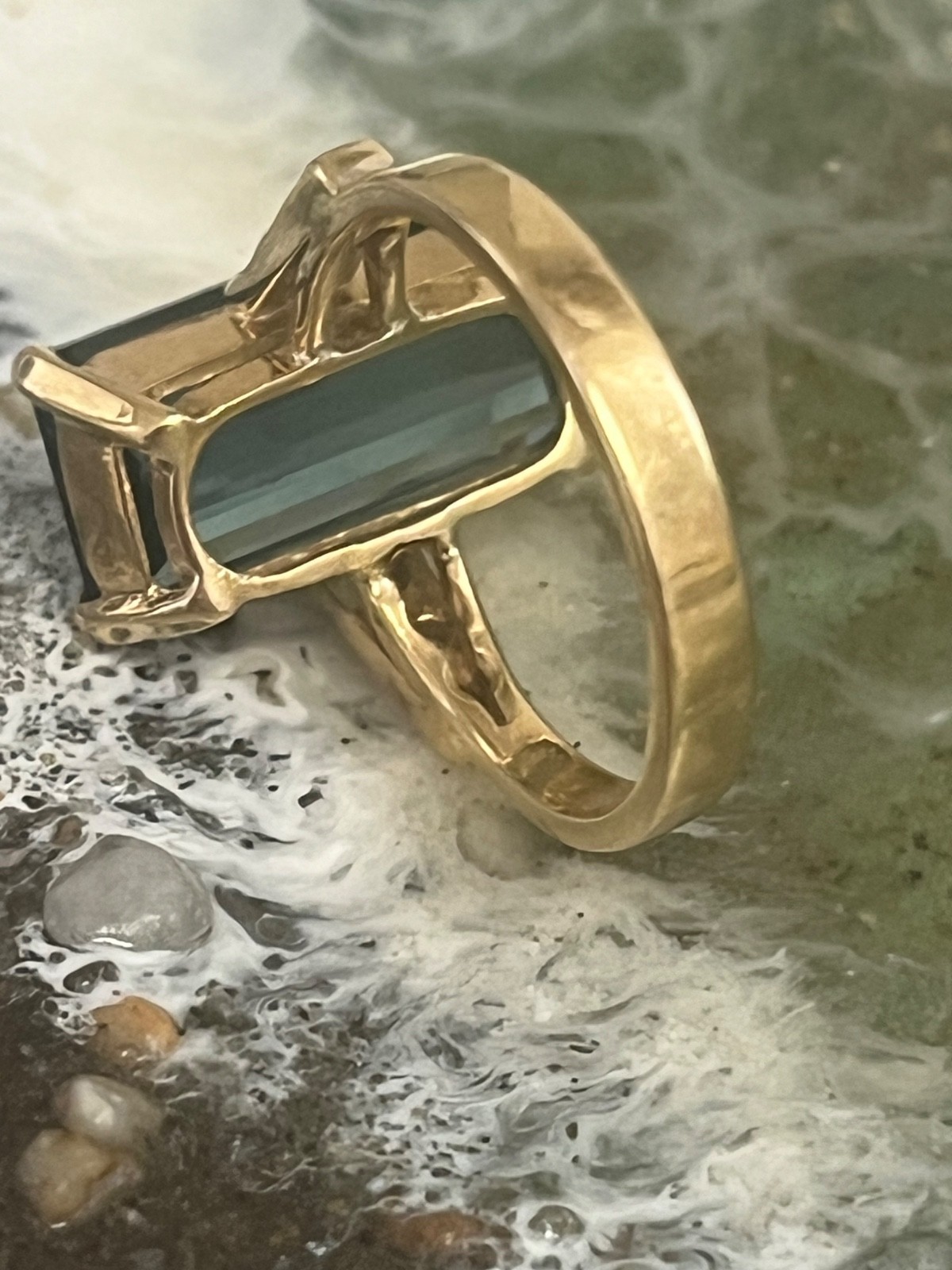 Yellow Gold Rectangle Indicolite Tourmaline with Diamond Ring Vintage