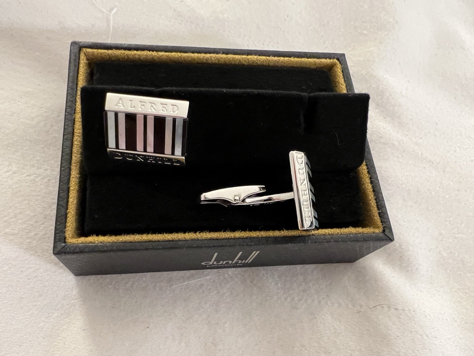 Dunhill Silver Cufflinks with Black Onyx and Mother of Pearl – New in Box