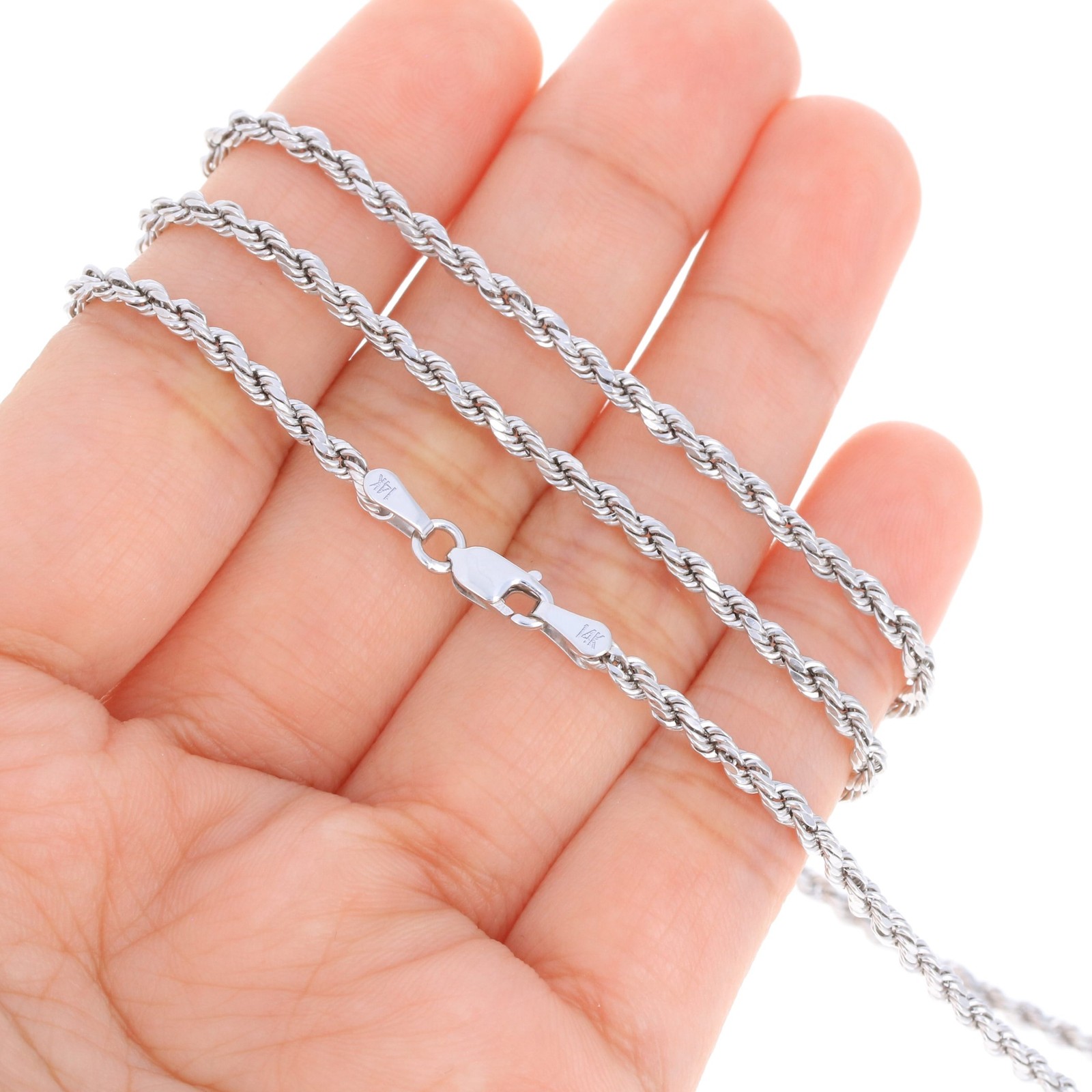 14K White Gold 2.5mm Diamond Cut Rope Chain Pendant Necklace Mens Women 14″- 30″