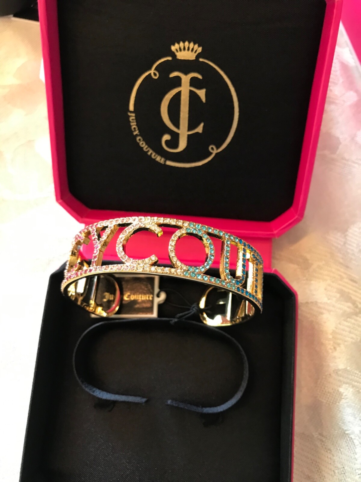 Y2K Iconic Juicy Couture Crystal Rainbow Bangle gold statement bracelet WJW688