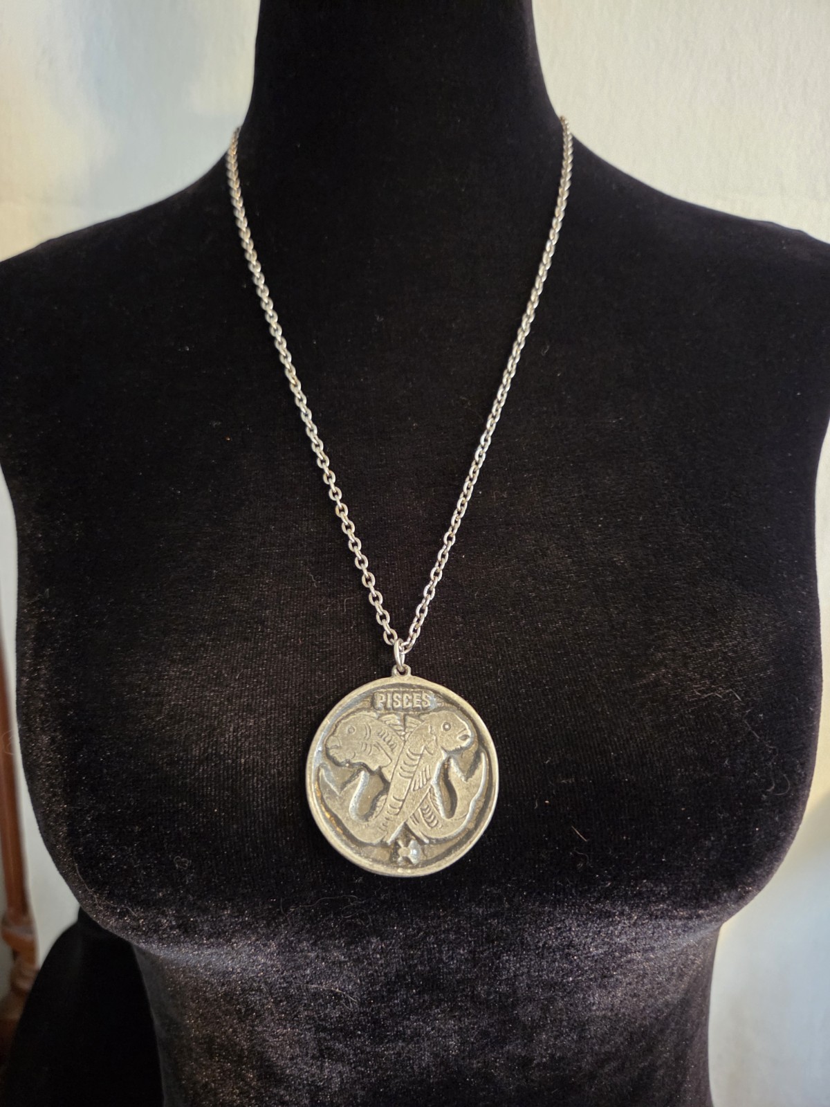 Vintage Zodiac Pendant Necklace Pisces Coin Medallion Pewter Tone Two Fish
