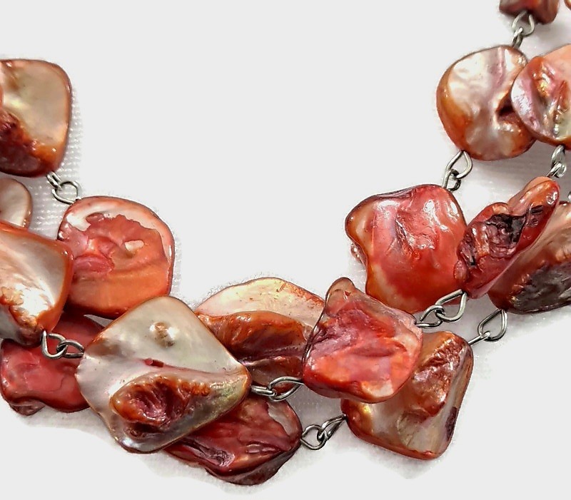 Iridescent Peach Mother of Pearl Shell 3-Strand Statement Necklace & Earring Set