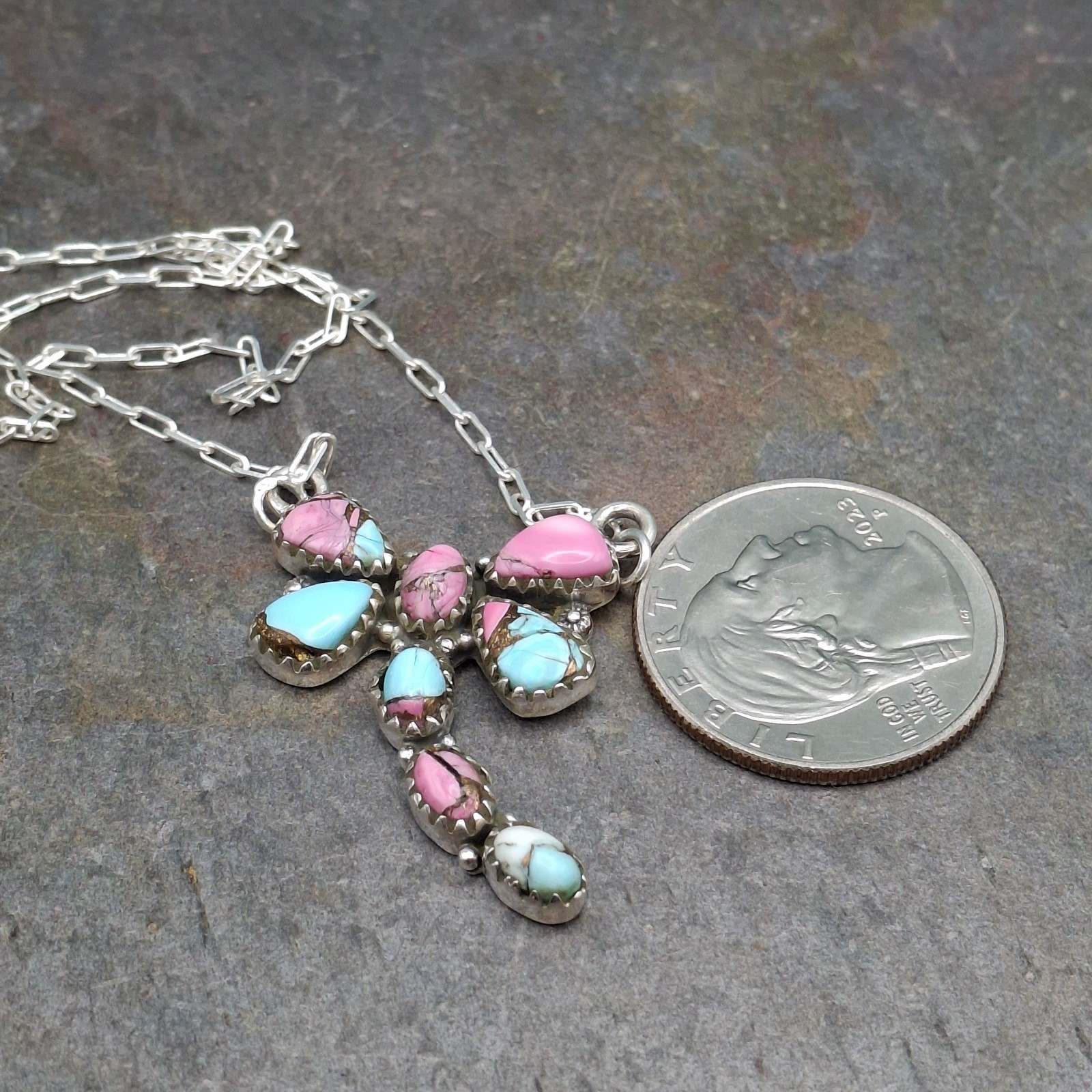 Cotton Candy Turquoise Dragonfly Sterling Silver Necklace 17-19in Southwestern