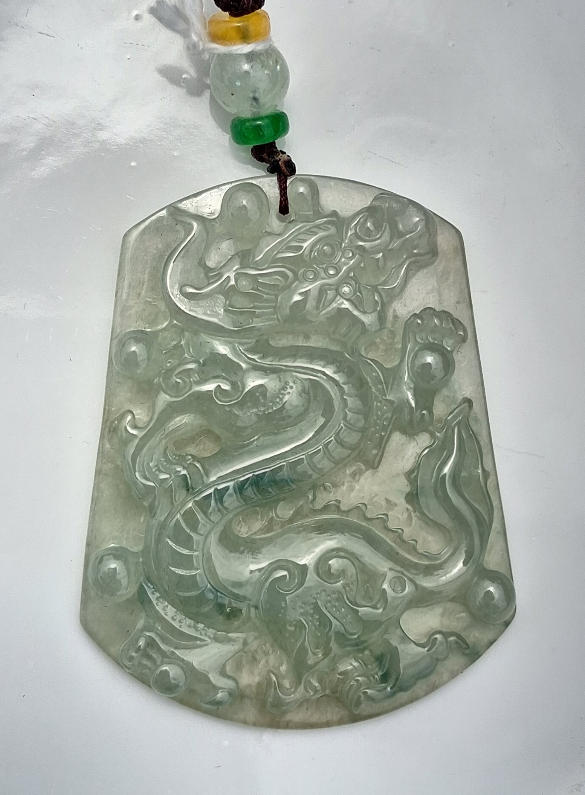 Natural Green Jade Dragon Amulet Pendant Necklace on Cord, Rectangle, Unisex