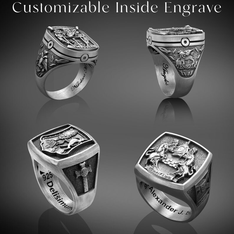 Customizable Sterling Silver Family Crest Signet Ring, Piloto Coat of Arms Ring