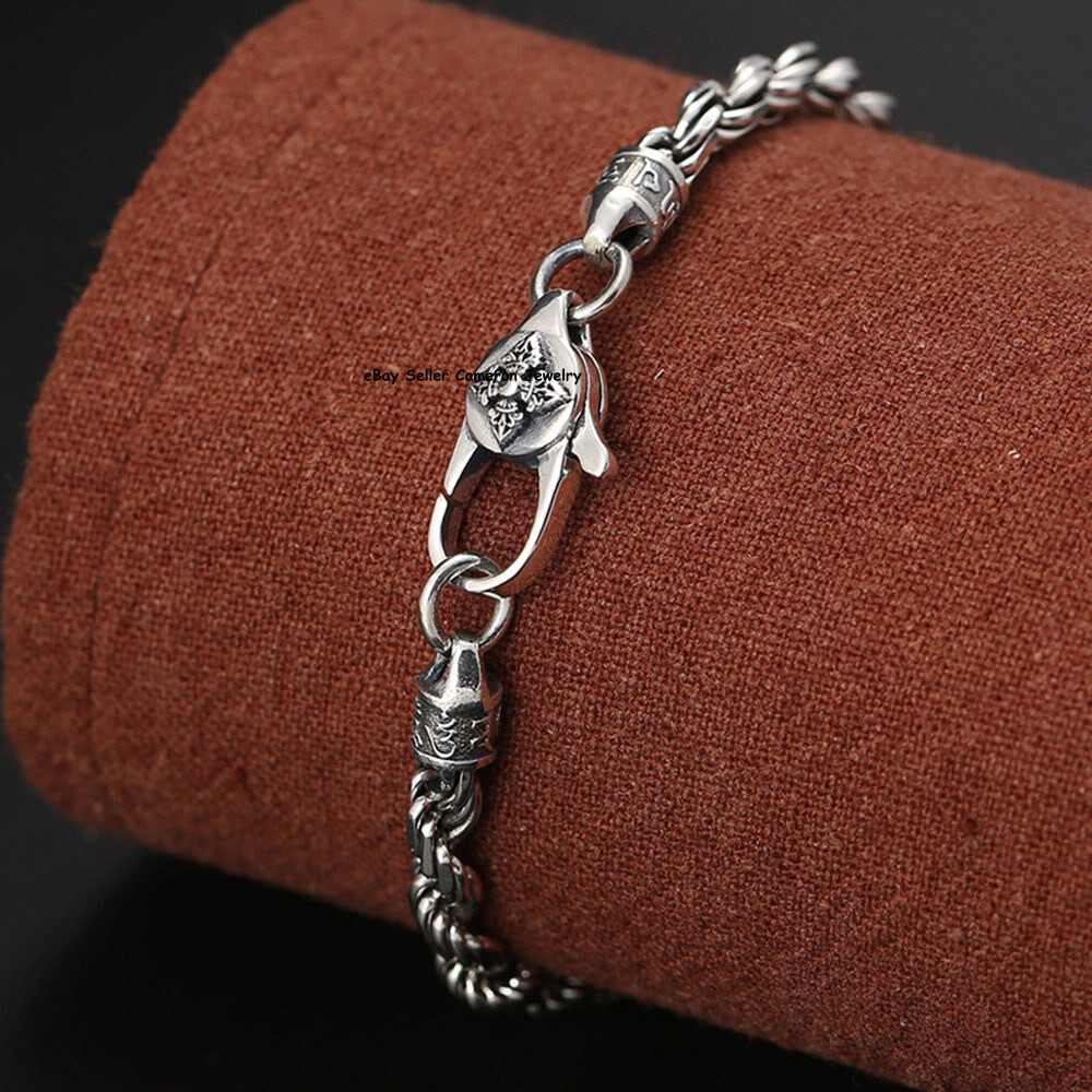 Pure S925 Sterling Silver Chain 4mm Lucky Twist Rope Link Bracelet 6.7-8.3inch