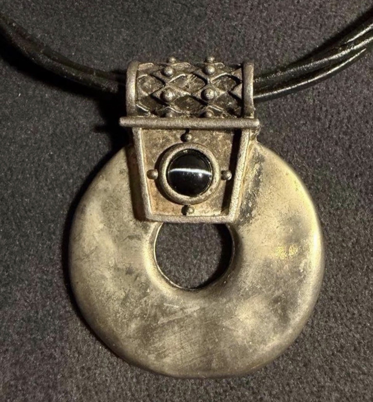 Vintage Chicos Signed Brutalist Ring Pendant Necklace Multi Strand Bronze Black