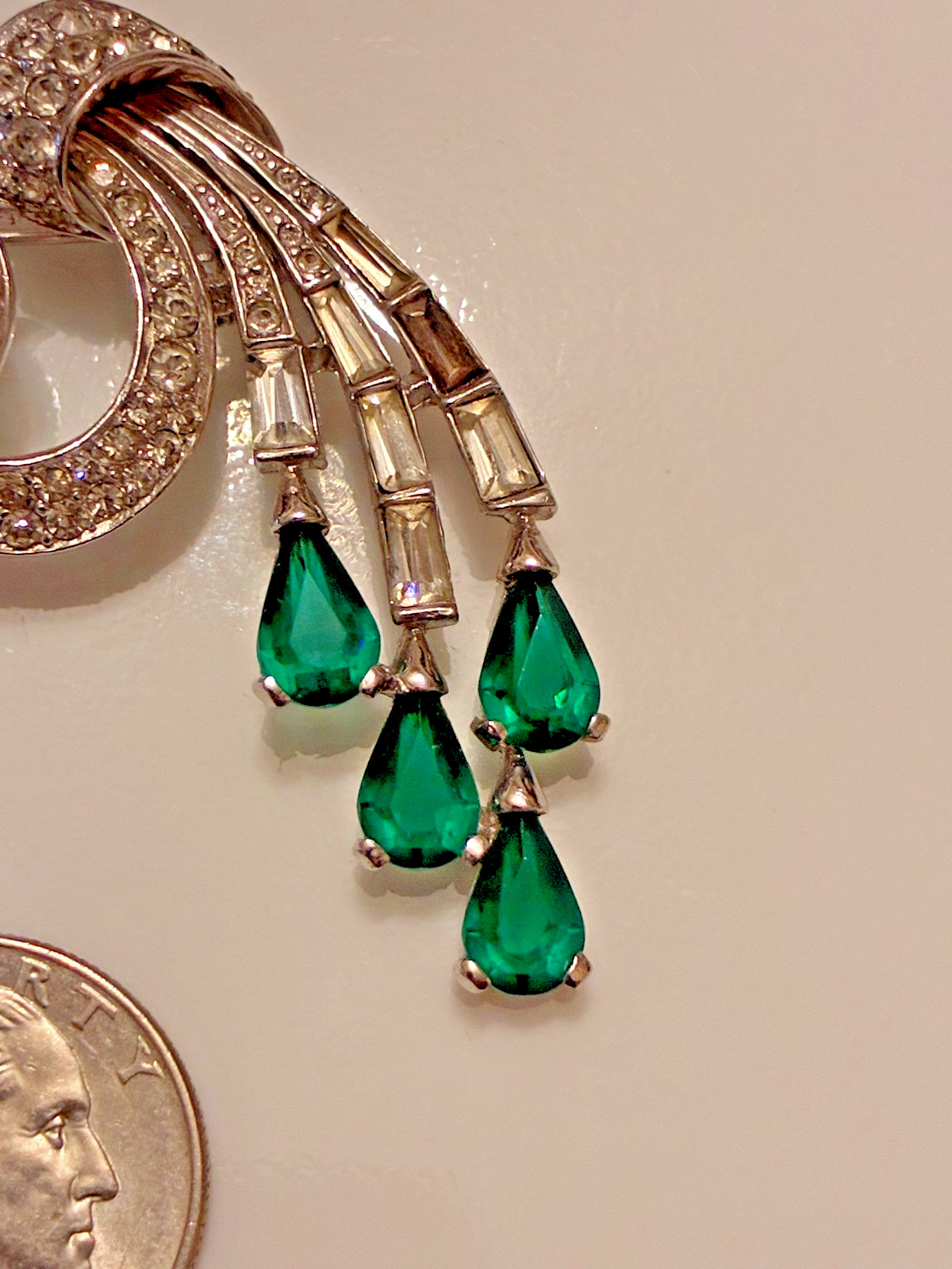vintage Boucher clear and green rhinestone pin / brooch