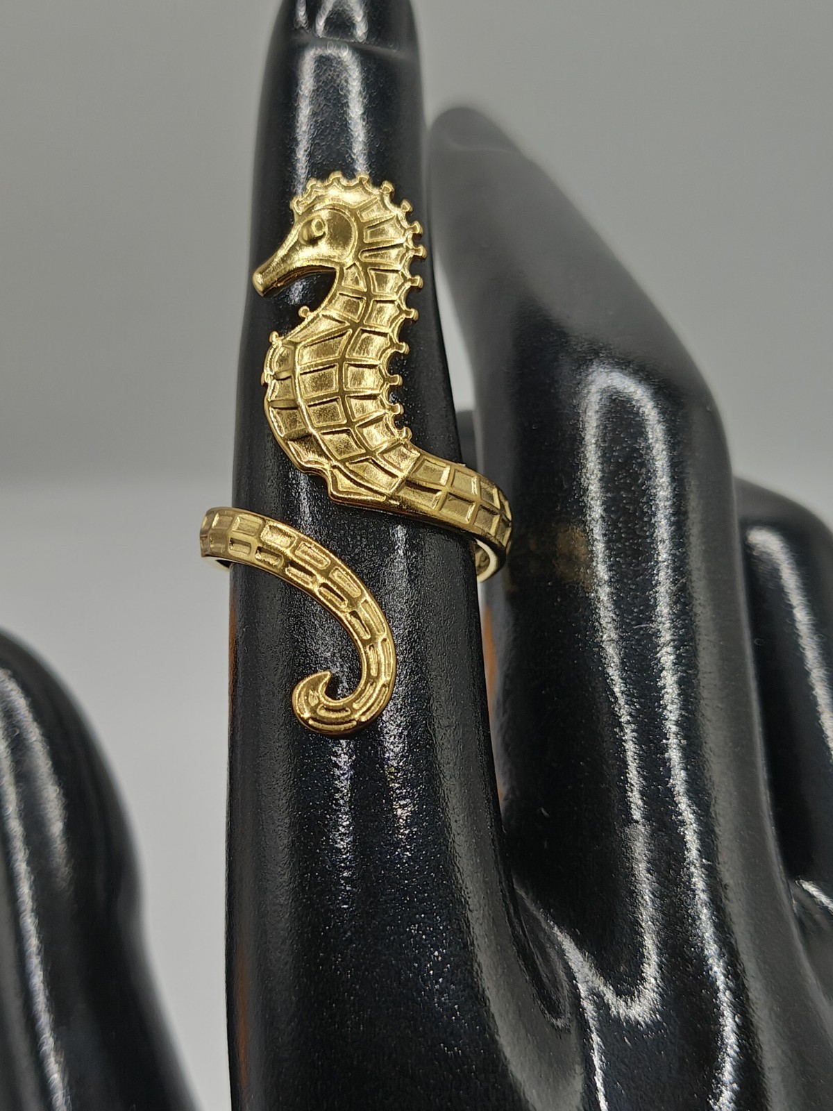 18K Gold Plated 304 Stainless Steel Beach Seahorse Adjustable Bypass Ring Size 7