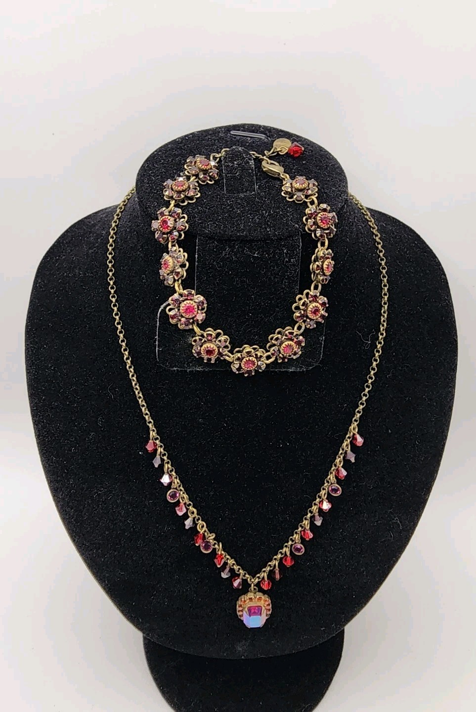 Vintage Liz Palacios SF Red Crystal Necklace & Flower Bracelet Set