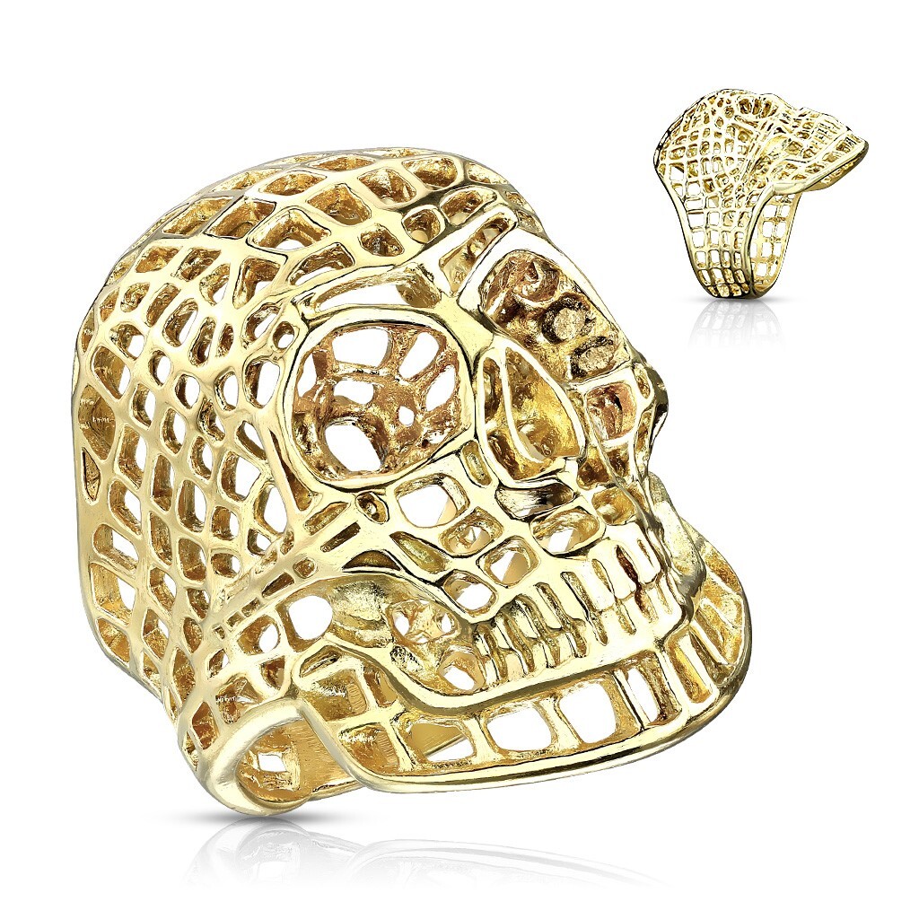 Stainless Steel Men’s Mesh Skull Biker Ring Gold Plated Black or Silver
