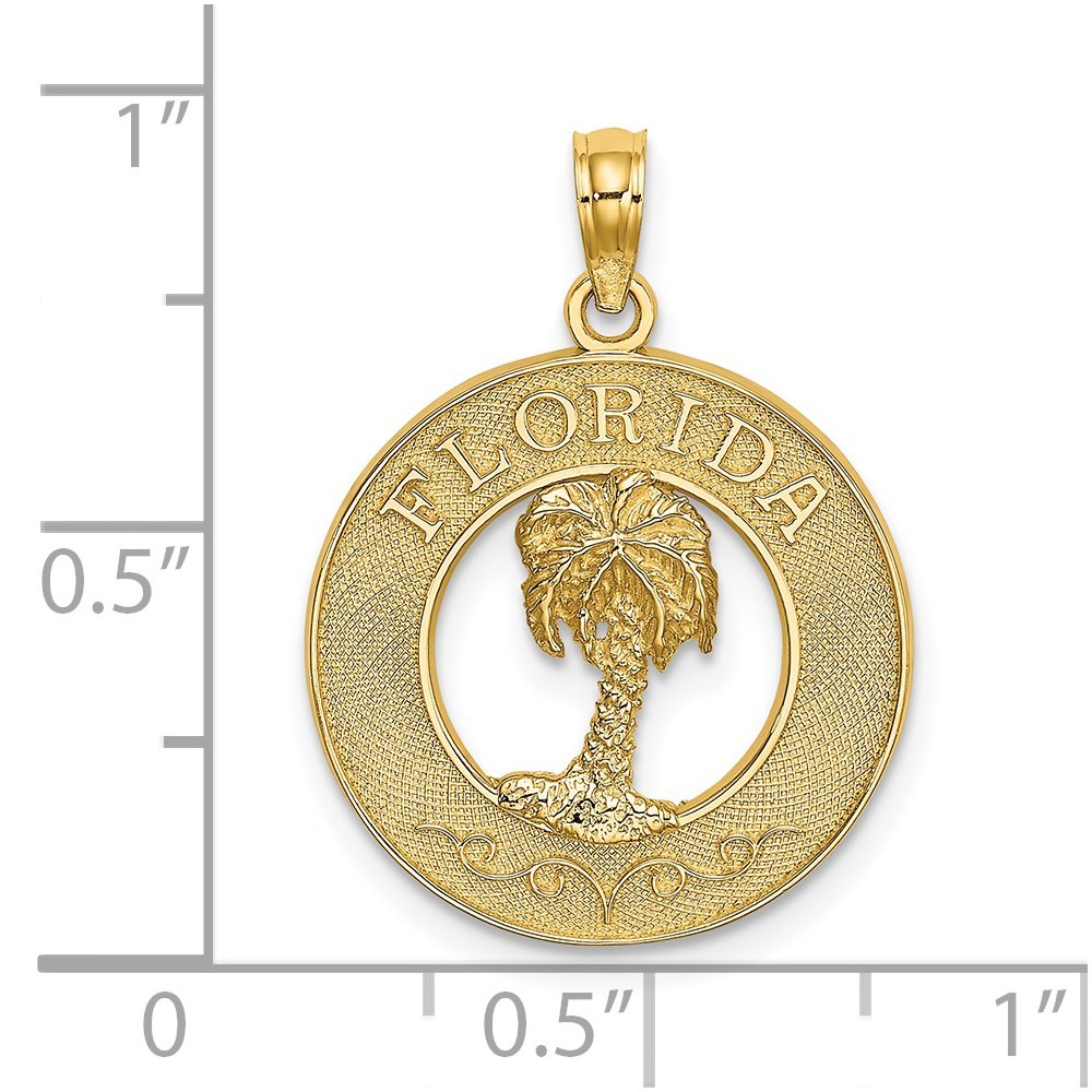 14K Yellow Gold FLORIDA Palm Tree Circle Charm Pendant 1.9gm L-24.7mm W-19.1mm