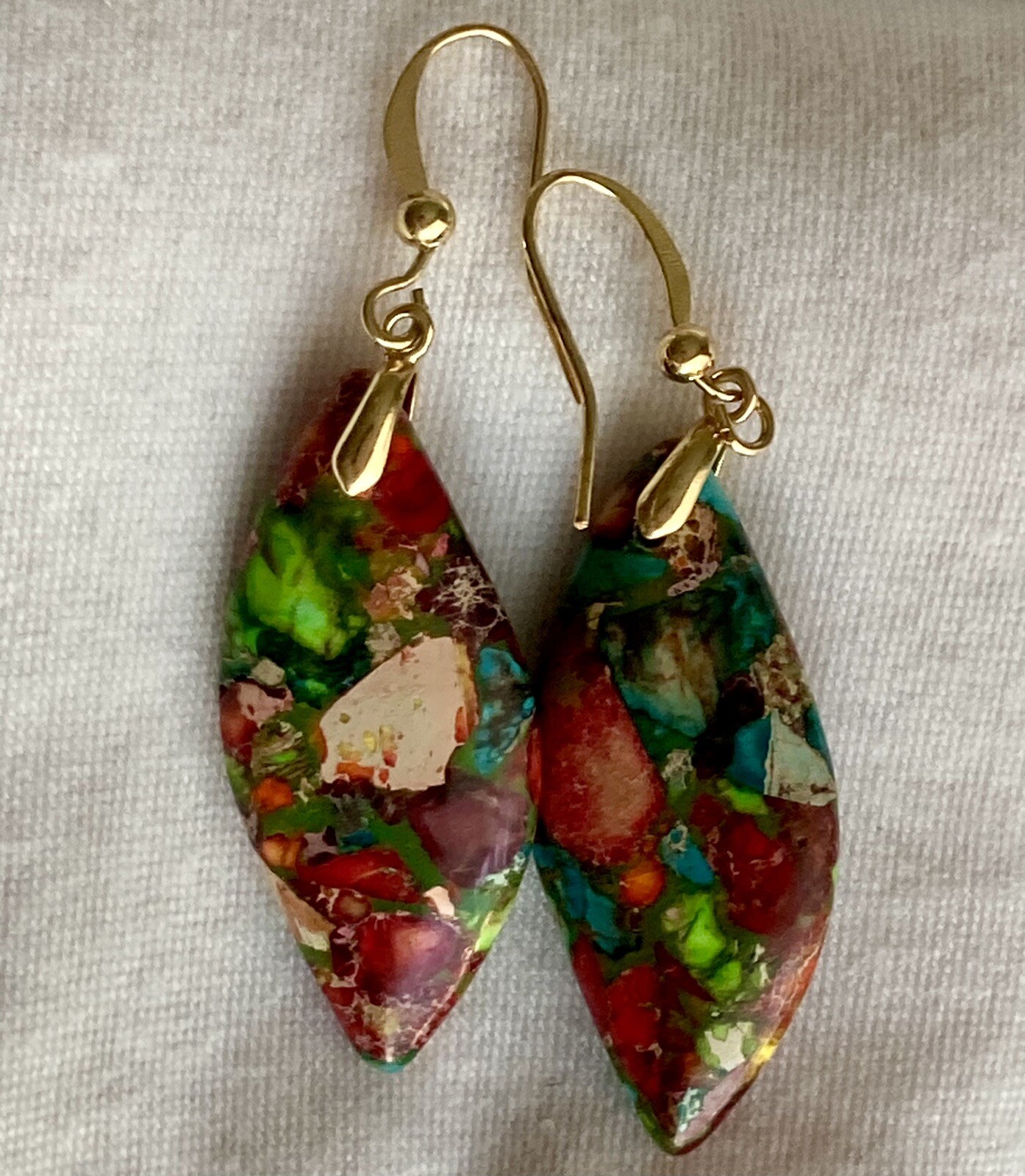 Jasper Stone Natural Imperial Leaf Dangle Drop Multicolor Earrings 7.71g Ladies