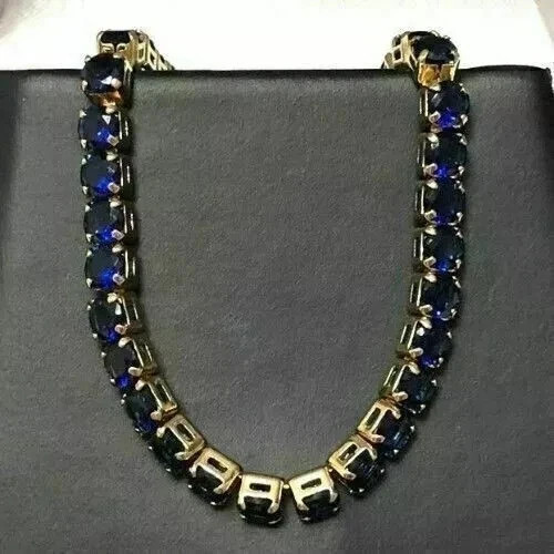 30CT Round Cut Lab-Created Blue Sapphire Tennis Necklace 14K Yellow Gold Plated