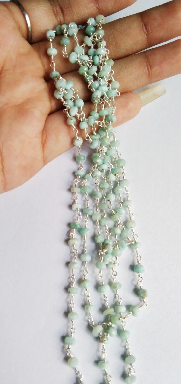 Amazonite Rondelle Faceted 4-5 mm Rosary Silver Plated Wire Chain 3.5″Feet