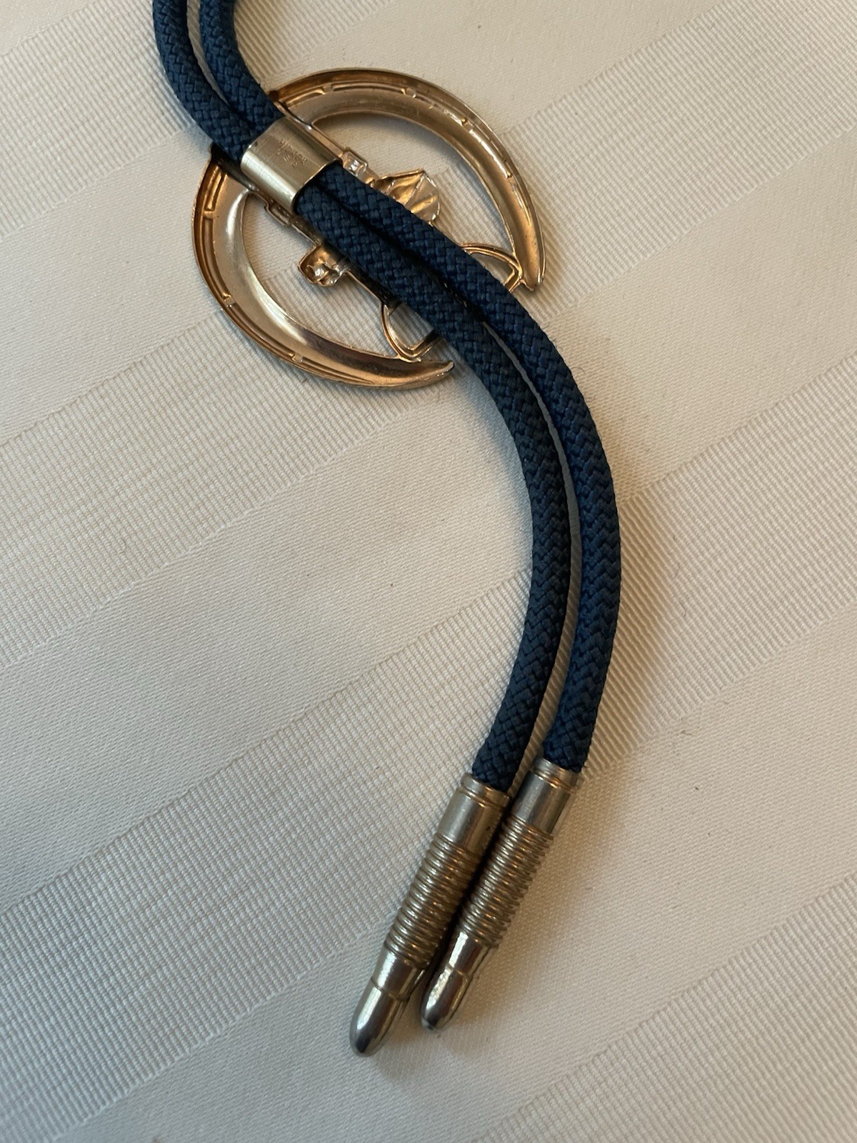 Western Blue Cord Horseshoe Bolo Tie Adjustable, Child Length, w Metal Tips