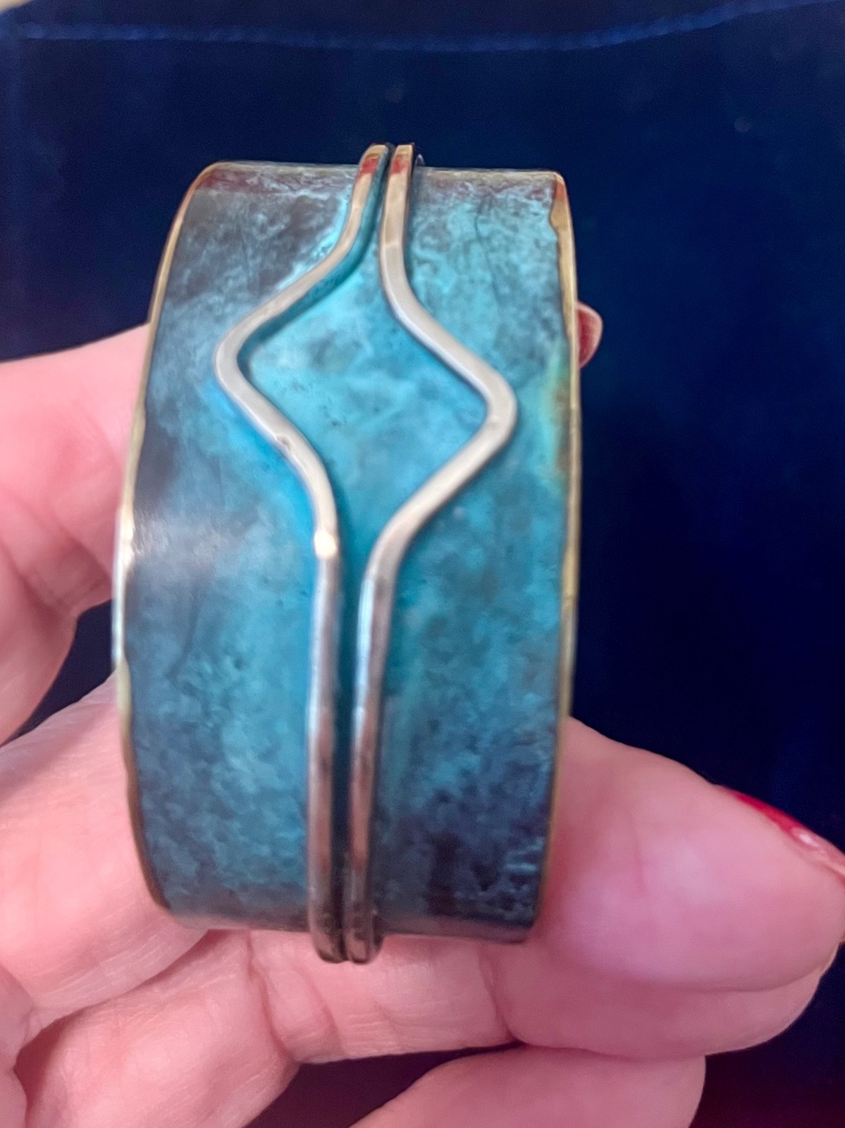 Wide turquoise cuff in copper and silver, 6″