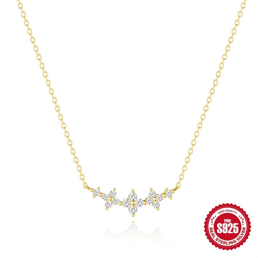 Gold Plated 925 Sterling Silver CZ Floral Bar Necklace for Women