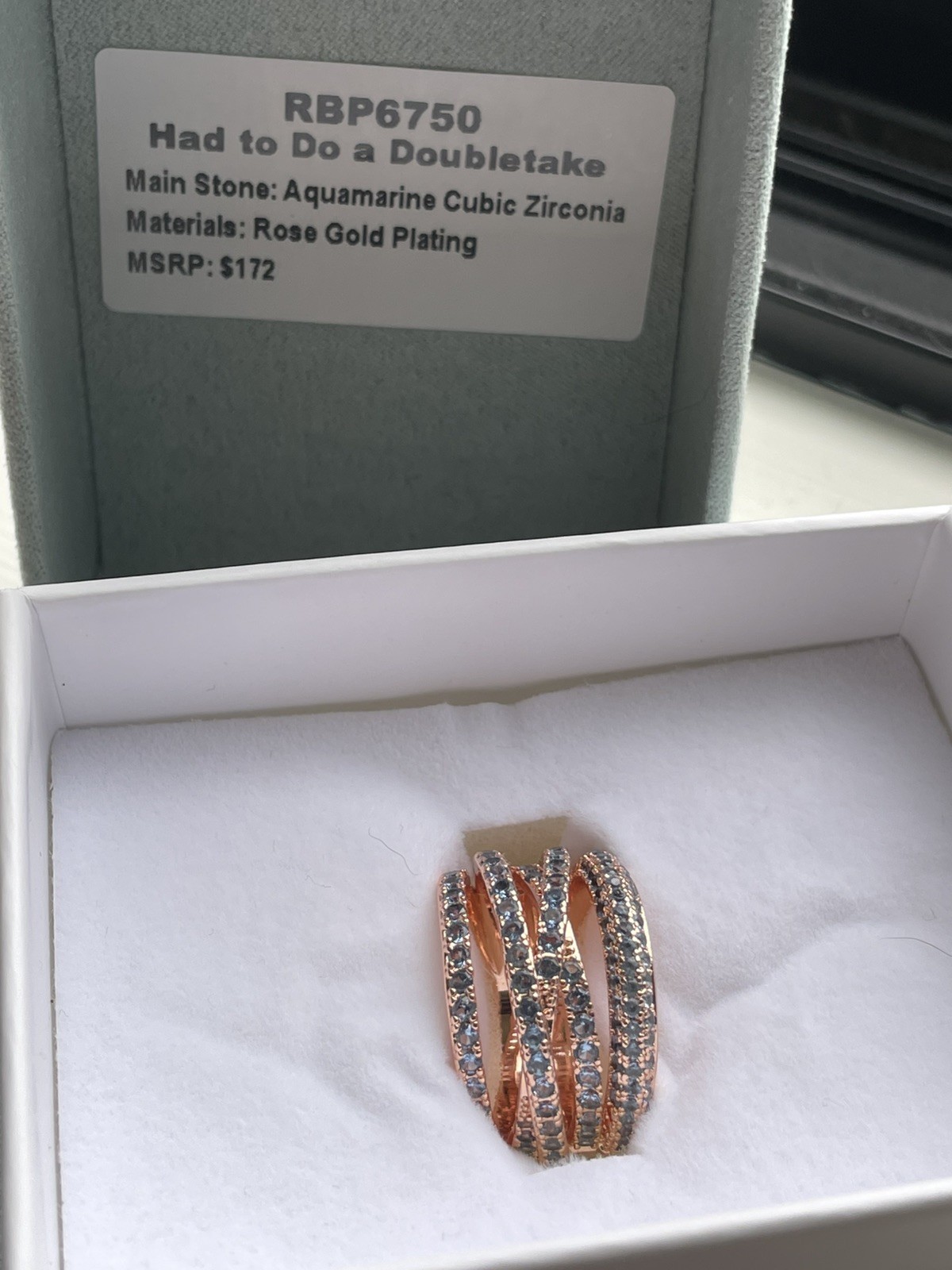 Ring Bomb Party Retro Luxe Bands Aquamarine Rose Gold Size 7 NWT RBP6750