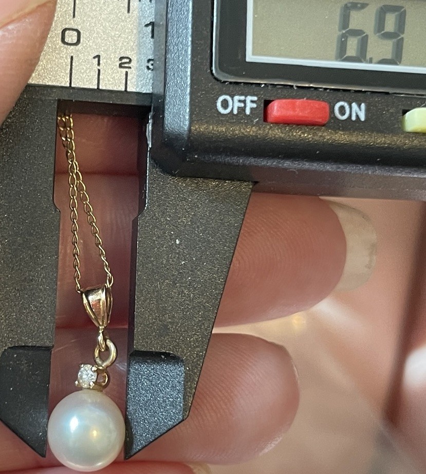 14K Yellow Gold Necklace Pearl Diamond Pendant Solitaire 6.9mm 17″ Chain Vtg WRC