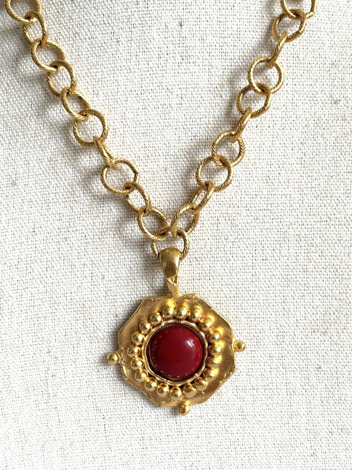 Susan Shaw 24KGP Red French Glass Pendant Etruscan Statement Necklace USA
