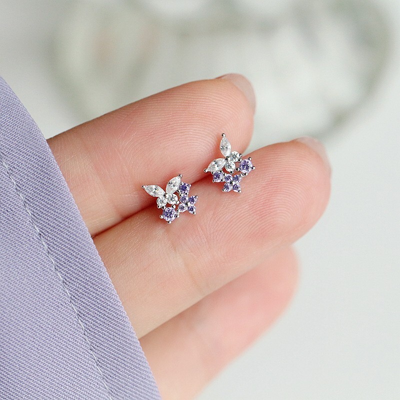 925 Sterling Silver Post Tiny Butterfly Purple CZ Stud Earrings 6mm Gift PE64