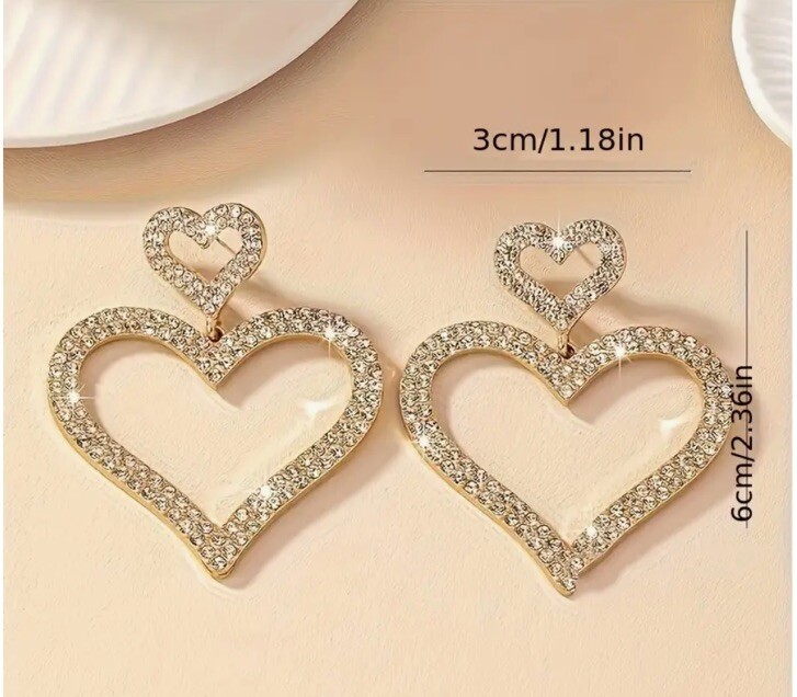 Silver Rhinestone Double Heart Hollowed Dangle Hoop Stud Glamour Earrings