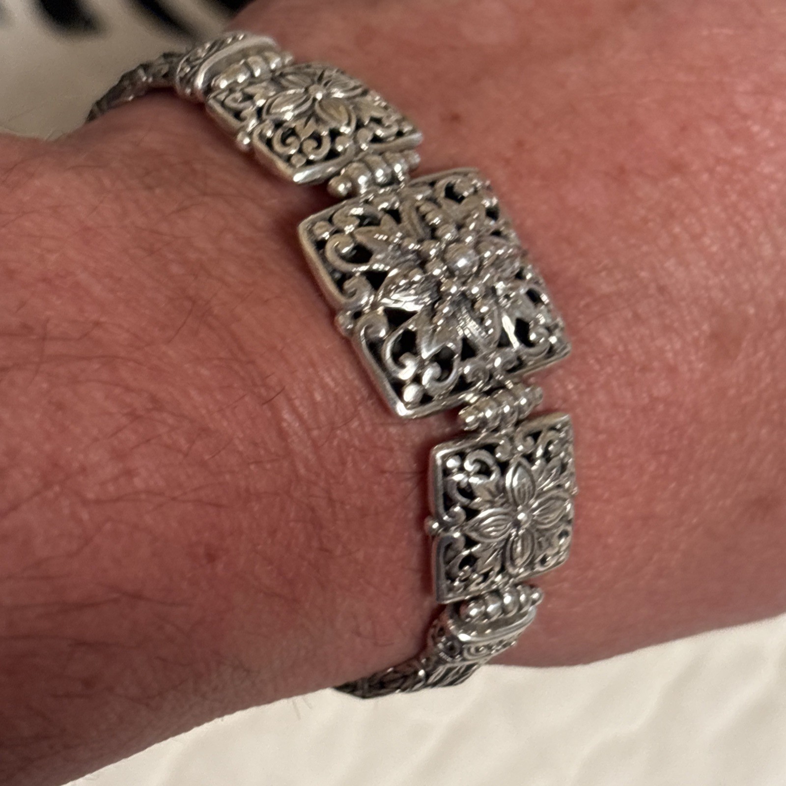 Sarda 925 Sterling Silver Toggle Floral Panel Byzantine Chain Bracelet 34.6g