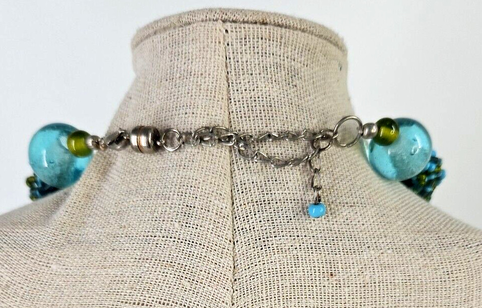Vintage Woven Sparkly Blue Green Gold Seed Beaded Fashion Necklace 18 inch