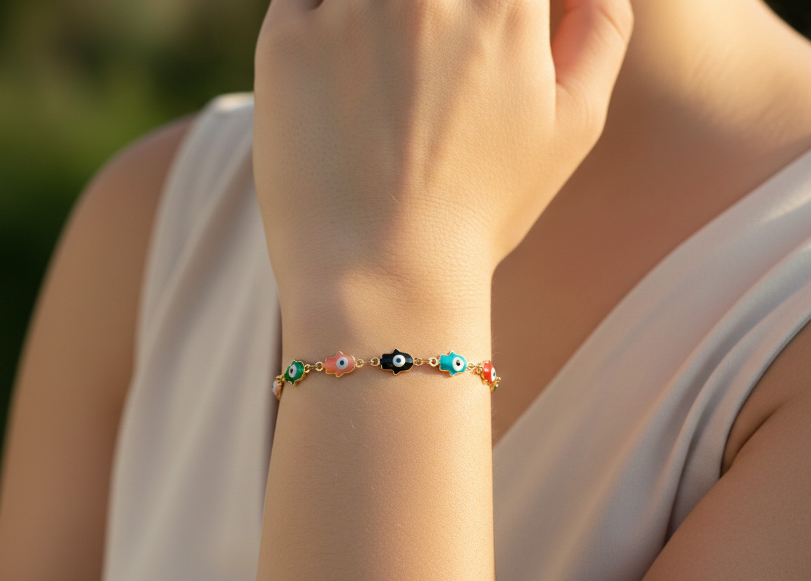 Evil Eye Hamsa Bracelet for Women, Rainbow Enamel Charm Bracelet, Gold Chain