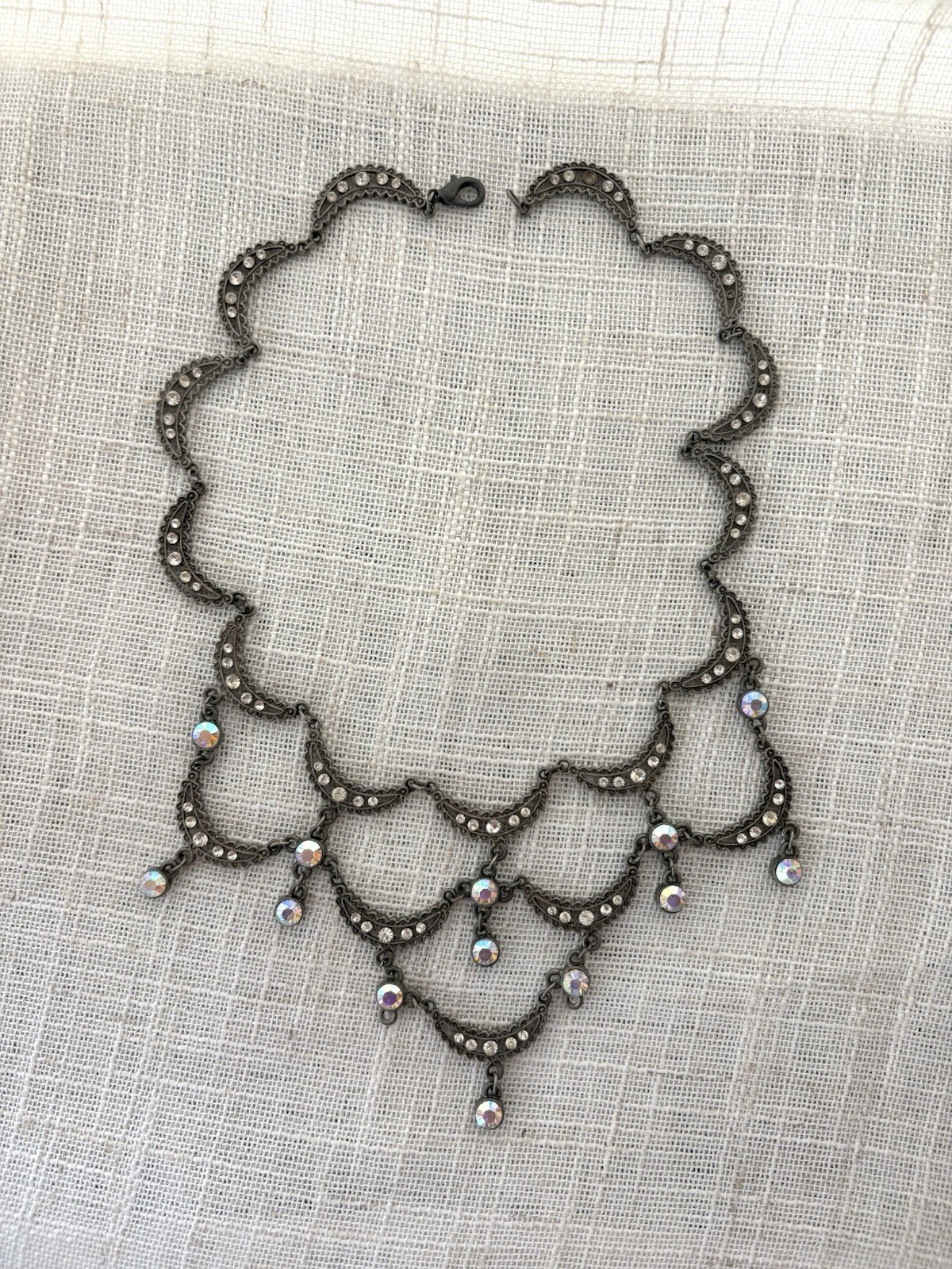 Vintage Crescent Scallop Necklace Iridescent Rhinestone Crystals Pewter Gunmetal