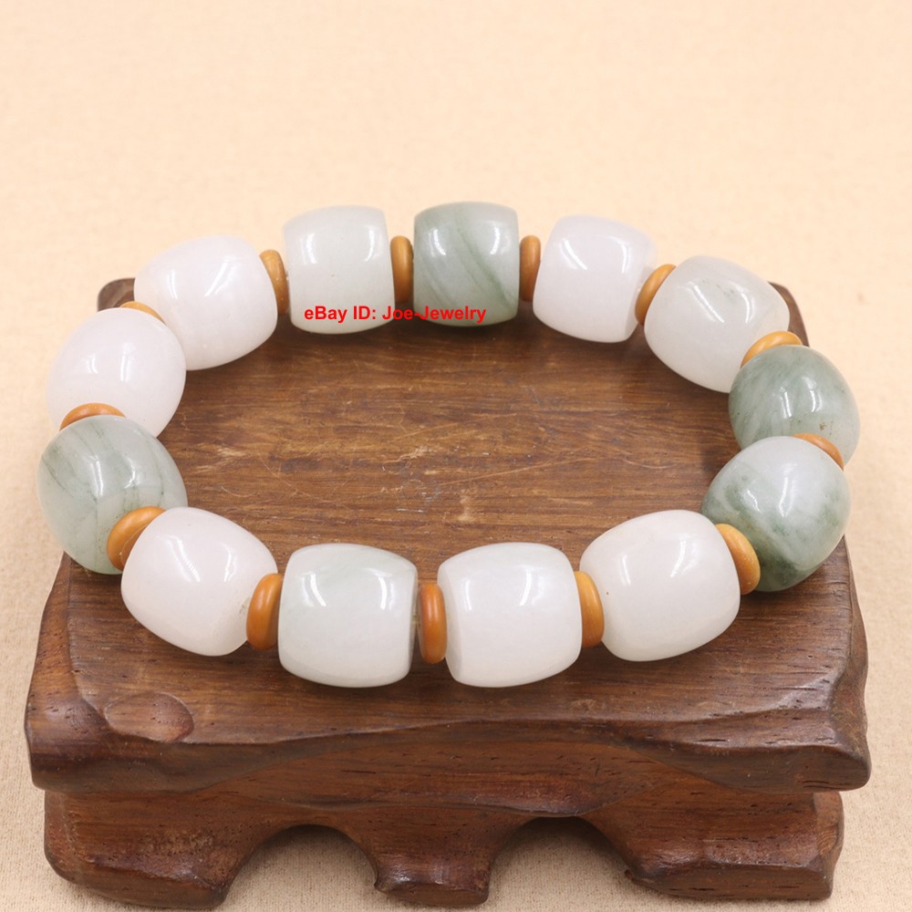 Natural Chinese Jade Stretch Bracelet -14mm Barrel Bead Elastic Bracelet 15-17cm
