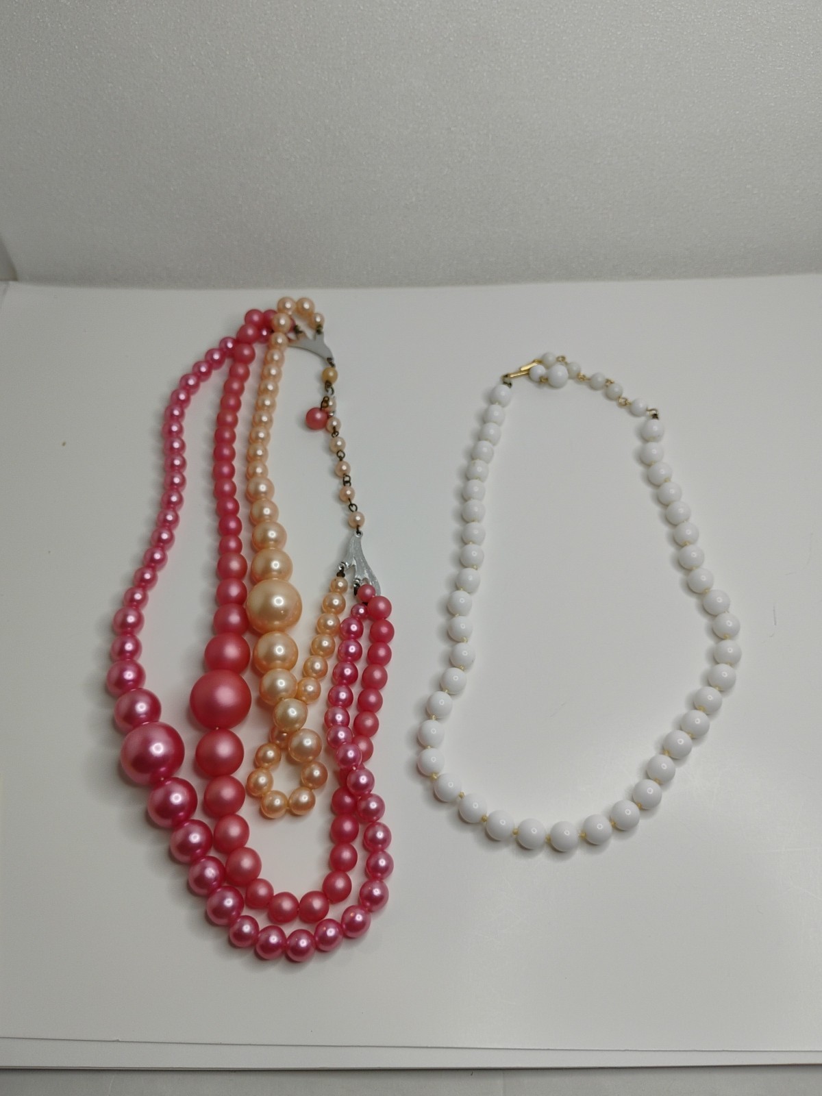 Japan On Clasp Two Necklaces ,Pink And White Faux Pearls, , Vtg