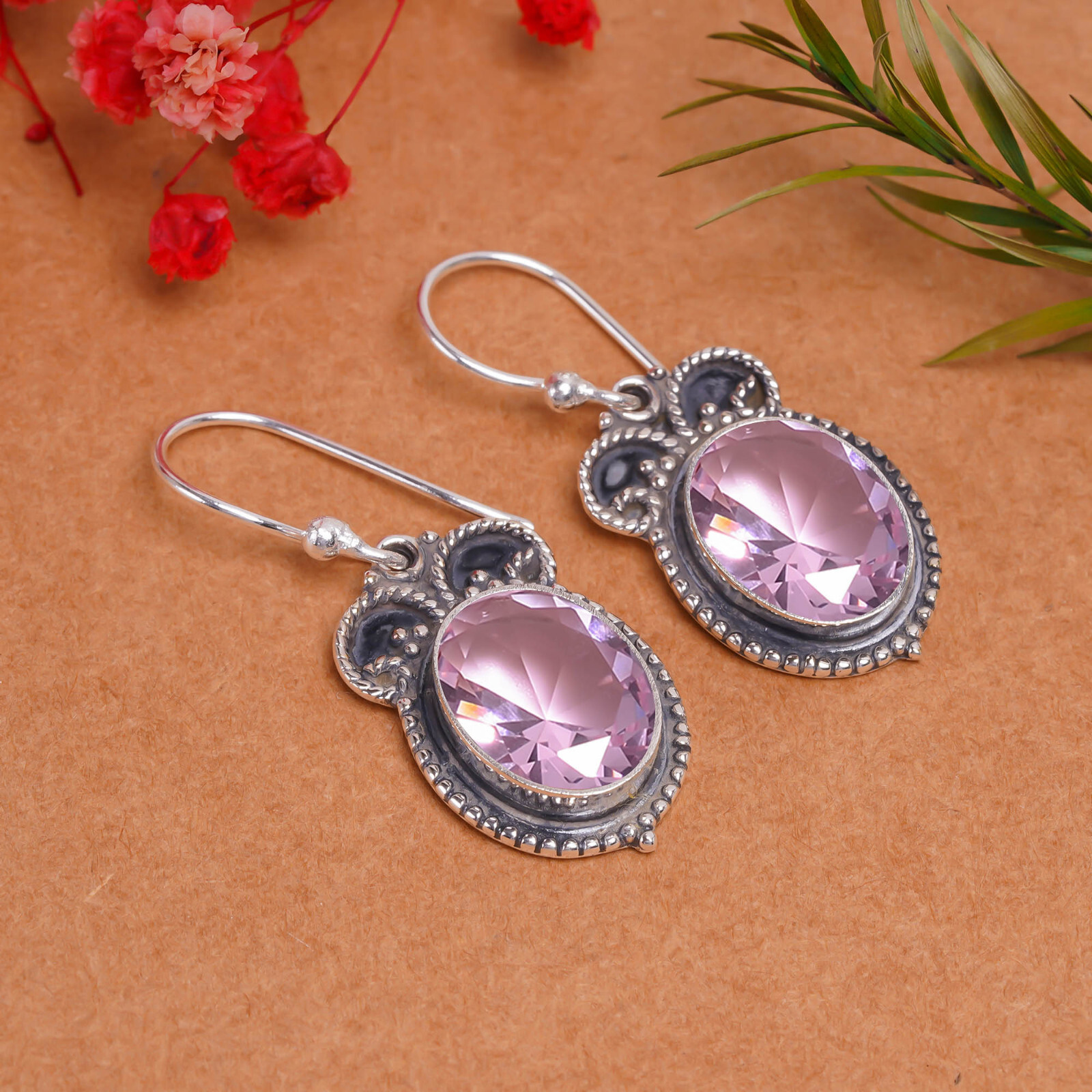 Pink Kunzite Gemstone Earring 925 Sterling Silver Handmade Jewelry Gift For Her