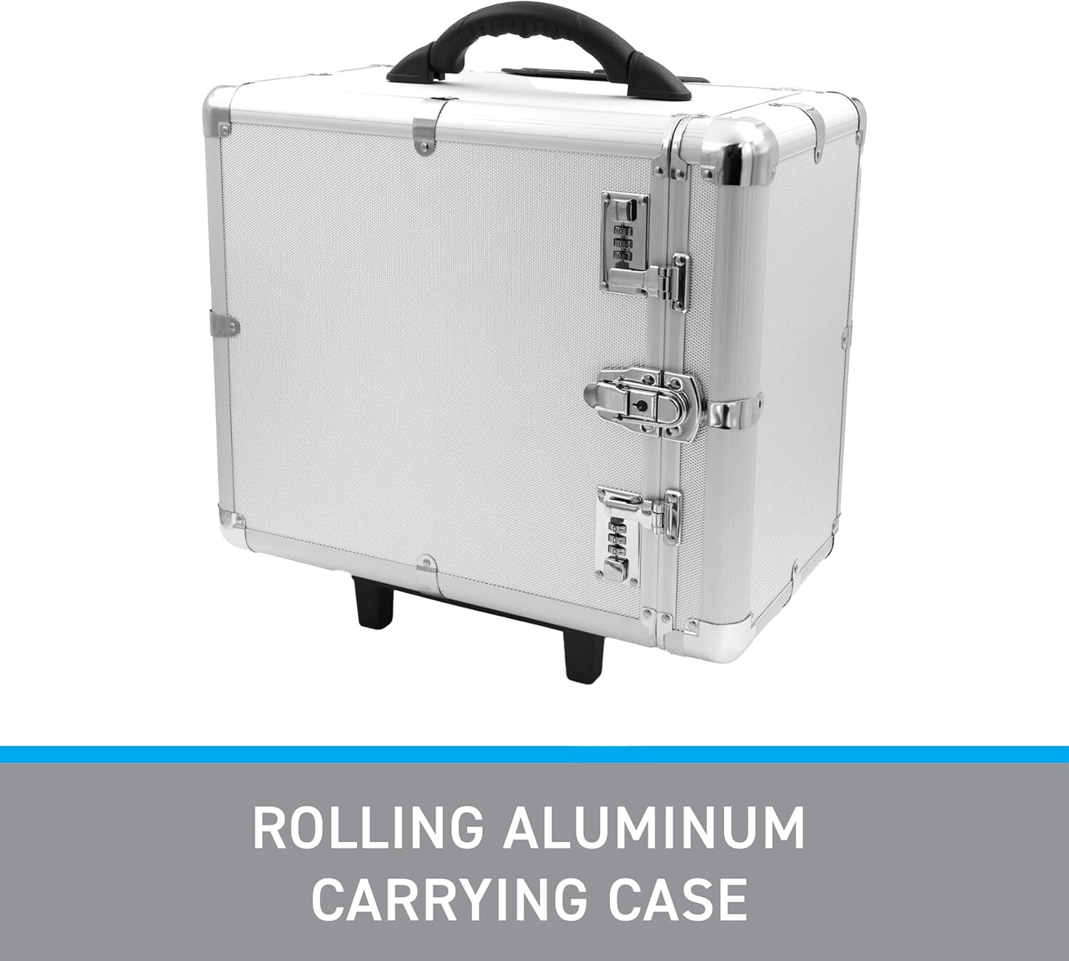 Aluminum Jewelry Storage Organizer Case w 12 Black Trays Rolling 16 3/8″ Lock