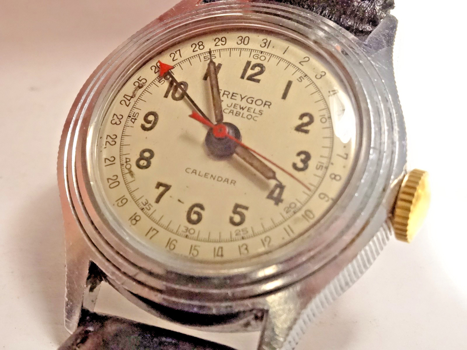 1950s Greygor Calendar 30mm 17J FHF28 Arrow Date Pointer Watch Stepped Case Runs