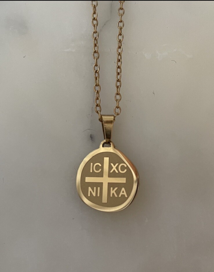 18K Gold Plated SS 1” IC XC NI KA Orthodox Greek Cross Coin Men’s Necklace