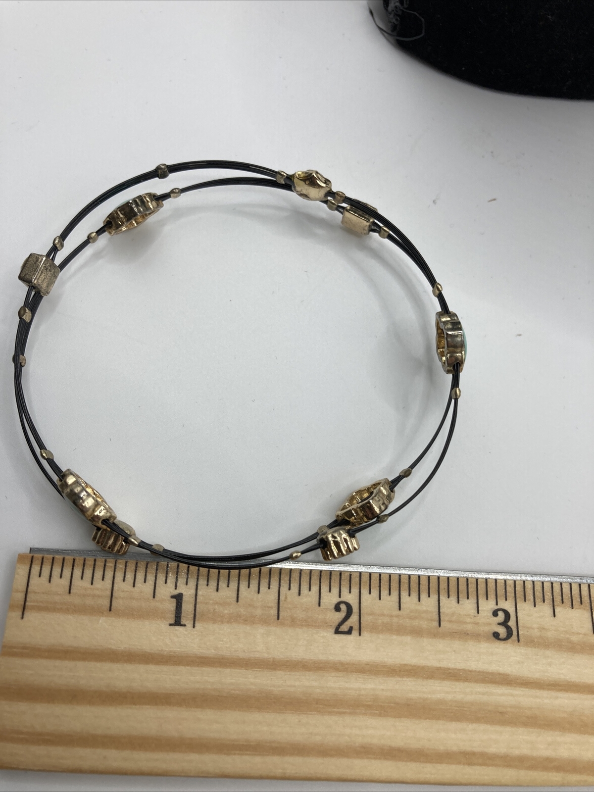 Green Enamel Clover Black Coated Wire Gold TOne Clear Crystal Bangle Bracelet