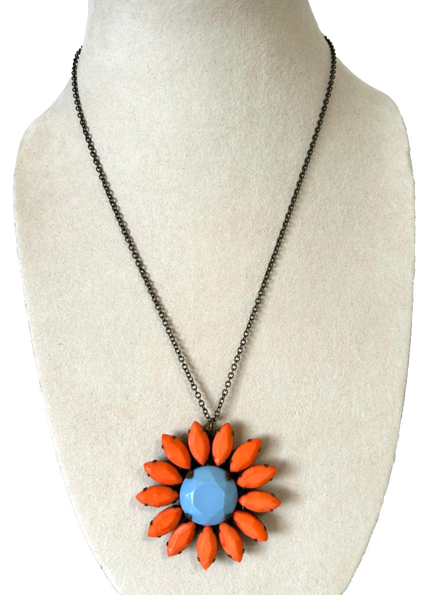 Artisan Boho Jewelry Set Orange Sequin Beaded Wide Cuff Flower Pendant Necklace