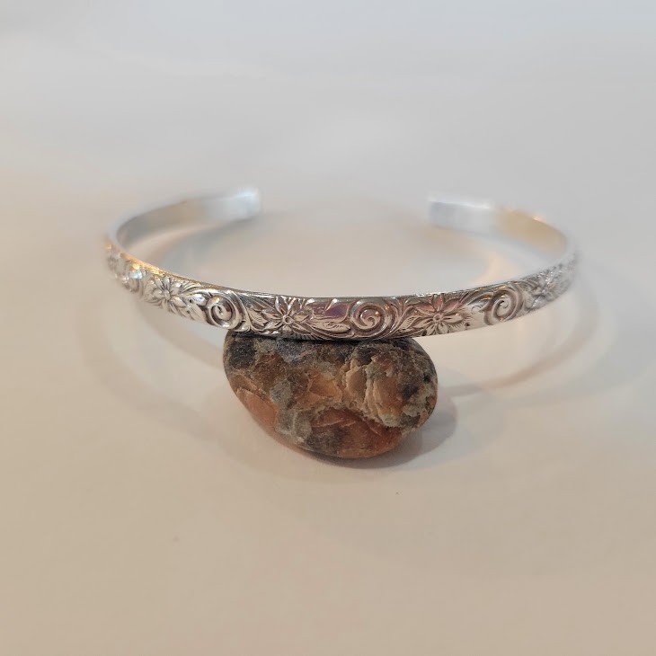 Sterling Silver Floral Cuff Bracelet Acid Tested Unmarked Botanical Swirl Bangle