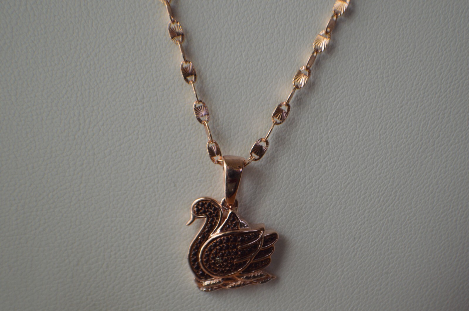 0.02ct Champagne Diamond Swan Pendant w 20″ Chain in 14K RG Over Fine Silver
