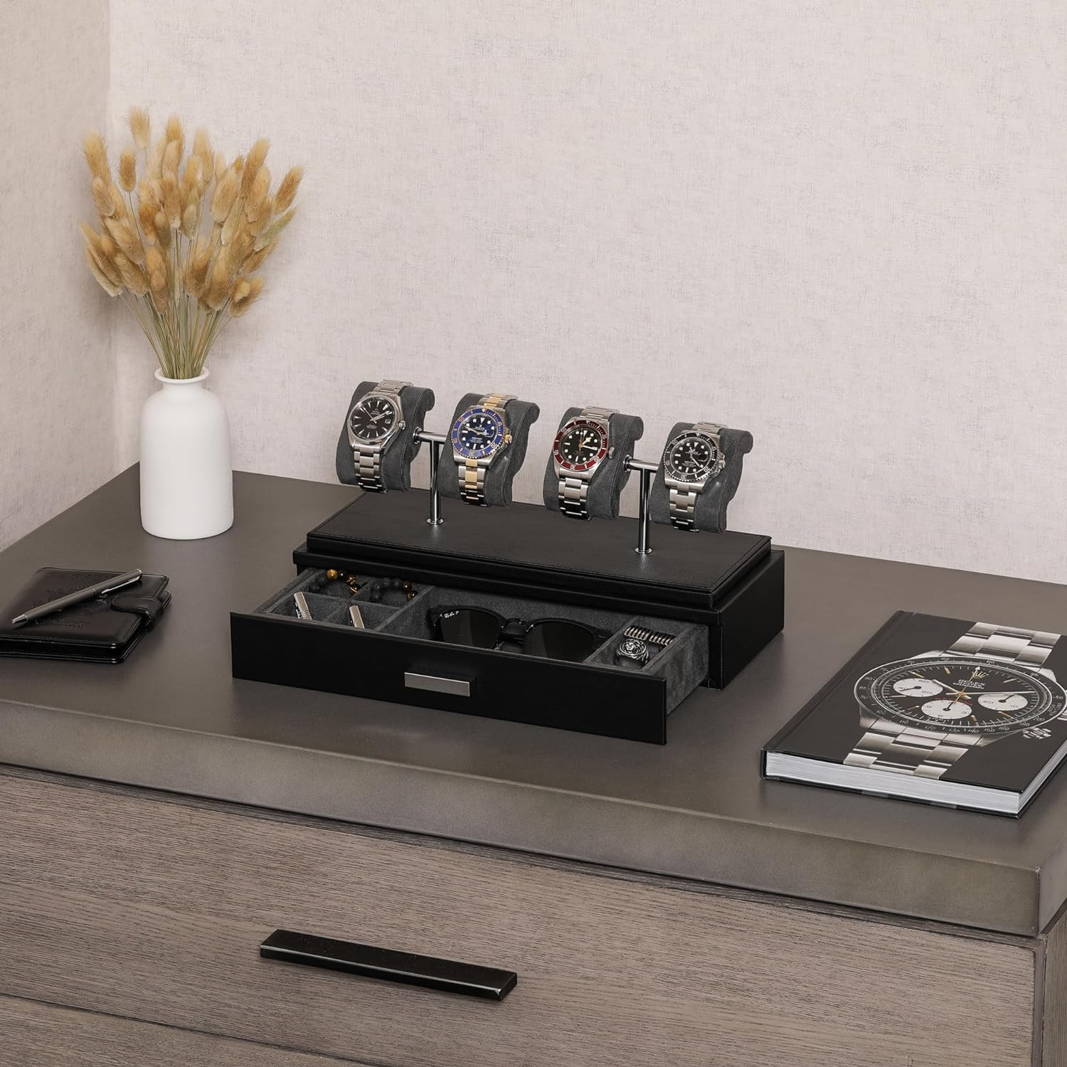 Elegant Leather Watch Display Case for 4 with Removable Cushions and Drawer