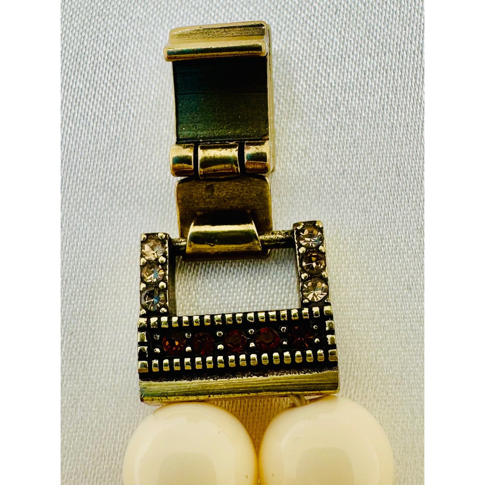 Heidi Daus Cream Faux Pearl Double Strand Bracelet Bronzetone Crystal Clasp 8in