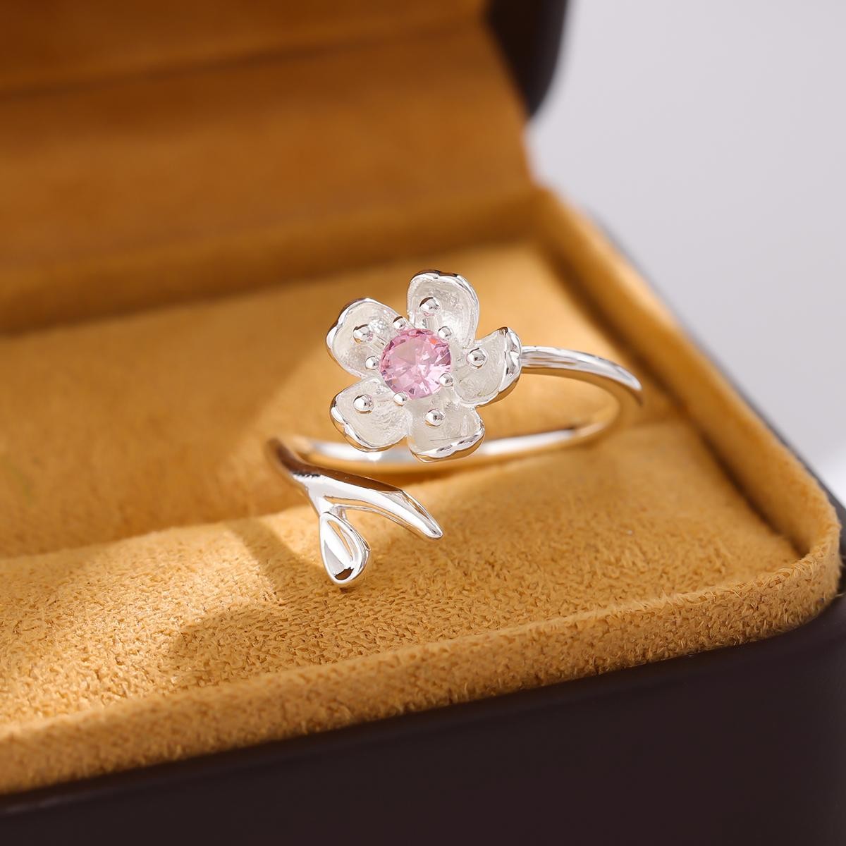 925 Sterling Silver Pink Crystal Flower Open Ring Elegant Adjustable Women Jew..