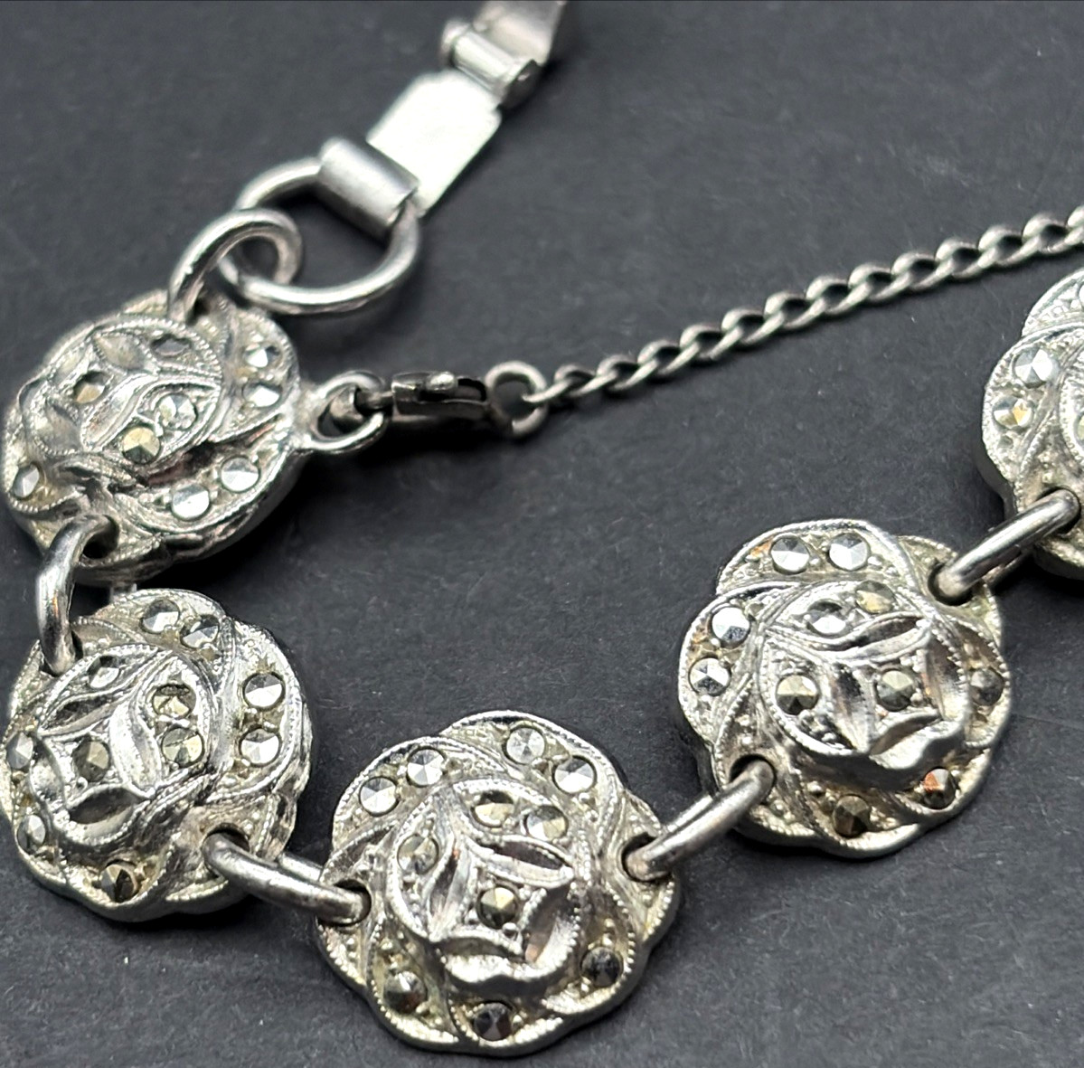 Sterling Silver 925 Rosette Link Bracelet with Safety Catch 16.1g