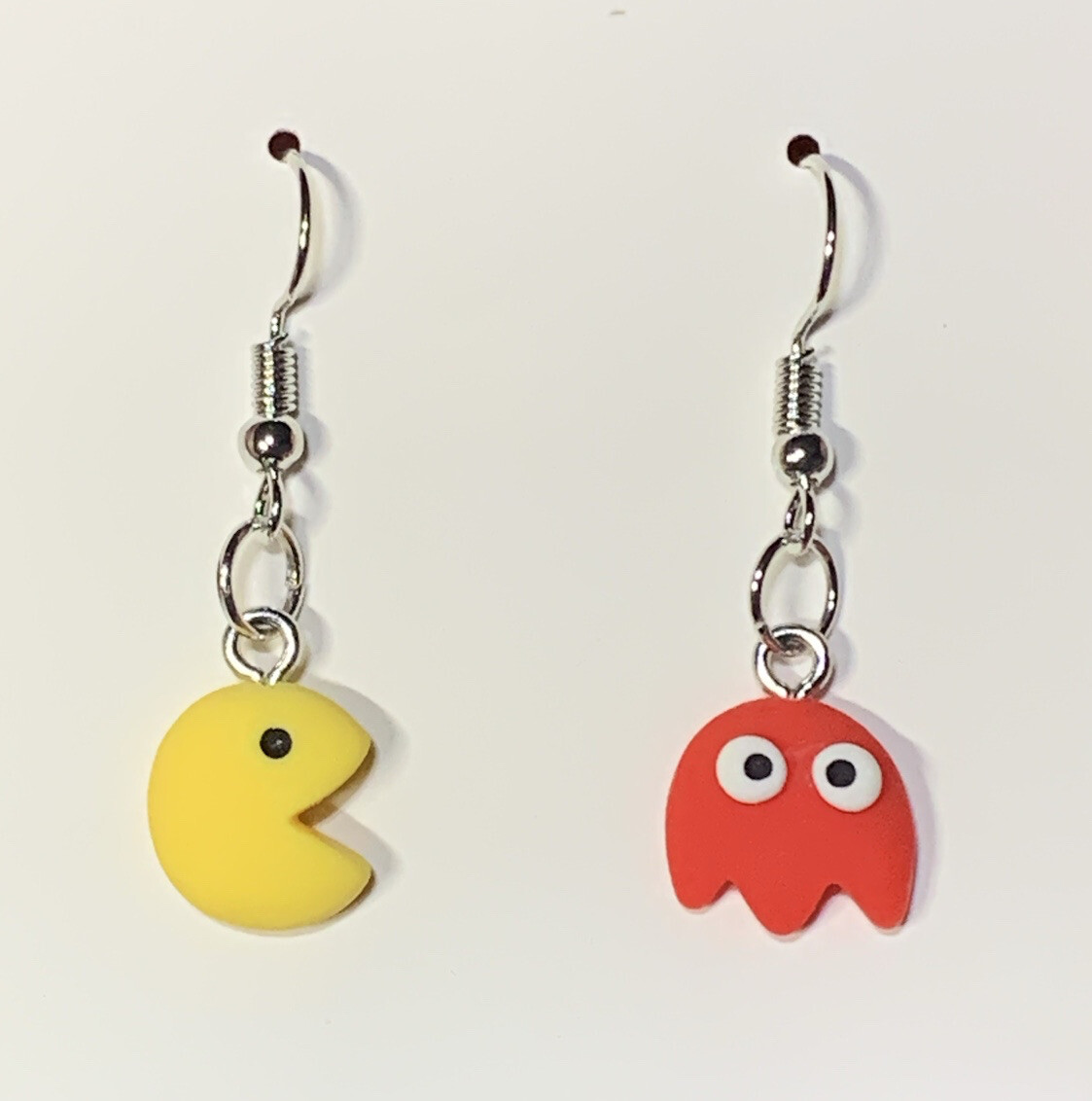 Silver PAC-Man & Ghost Drop Dangle Earrings!!