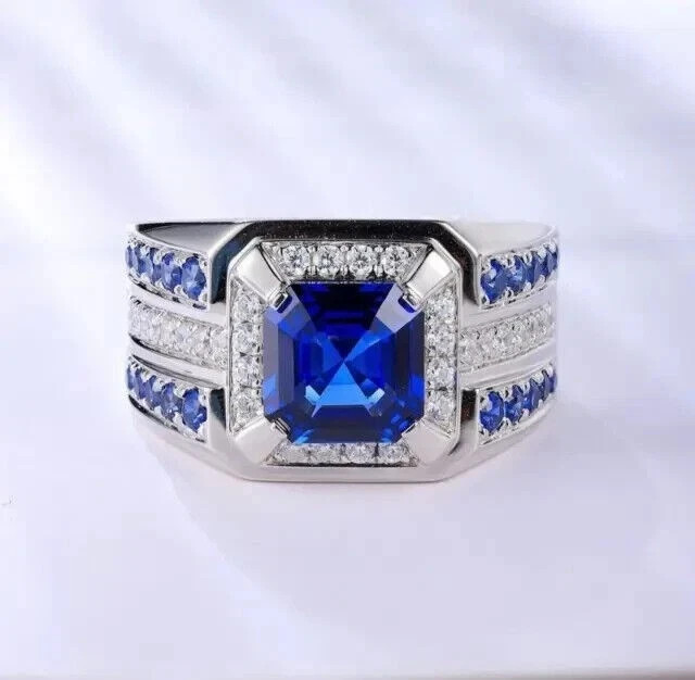 3Ct Asscher Cut Lab-Created Sapphire Wedding Ring Man’s 14k White Gold Plated